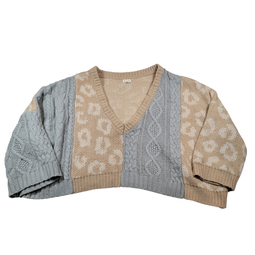 POL Oversized Cropped V-Neck Sweater Women's Sz Large Gray Tan Cableknit Boho